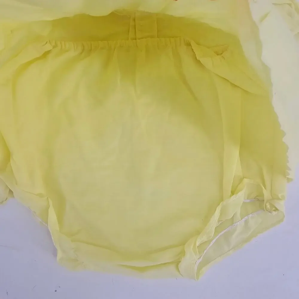Vintage 70's Yellow Kitty Lace Ruffle Frilly Smocked Dress Baby Girl 18 mo 4034